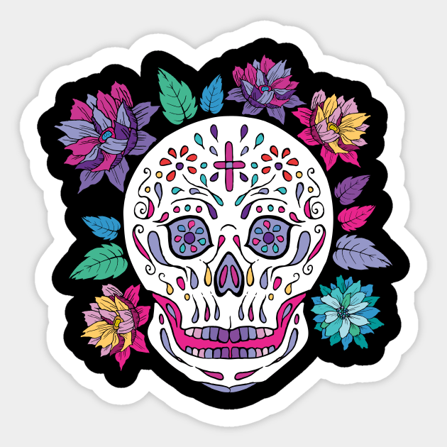 Mexican white skull day of the dead with flowers Sticker by annaazart